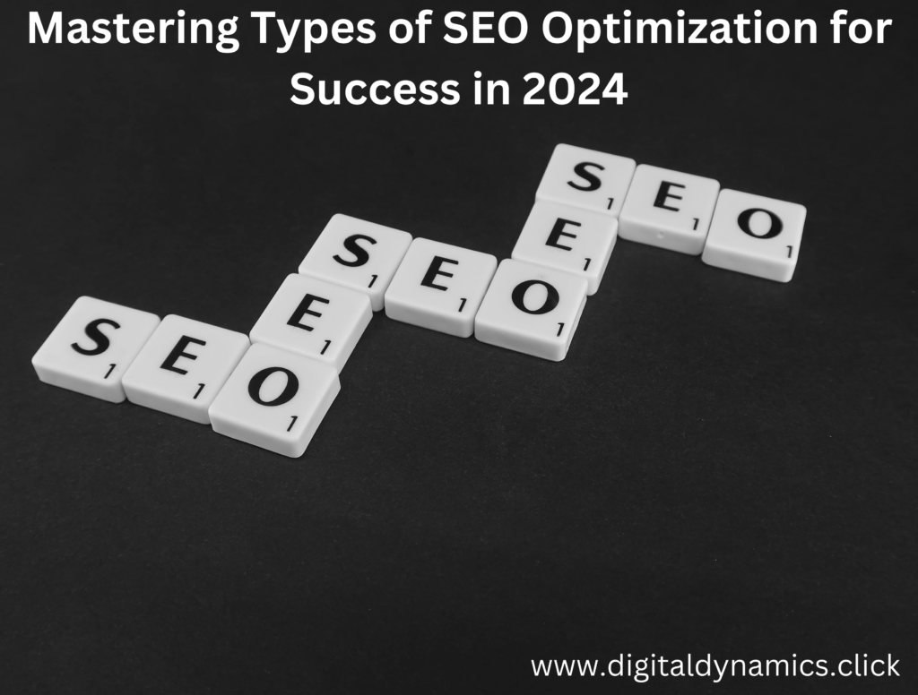 Illustration showing various types of SEO optimization strategies, including On-Page, Off-Page, Technical, Local, and Mobile SEO, highlighting their roles in improving website rankings.